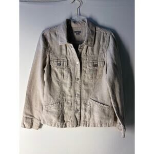 J. Jill Beige Snap Front Linen Utility Jacket Size Small Pockets Long Sleeve